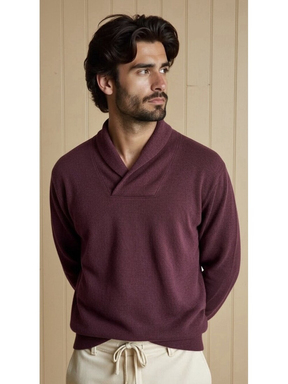 BANANA REPUBLIC MENS WAFFLE-KNIT SHAWL-COLLAR SWEATSHIRT IN CRANBERRY-MEDIUM